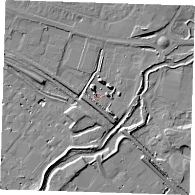 Shaded relief map of the ground around RM138LP, computed from Environment Agency LiDAR. The ground here sits at about 3 m above sea level and falls 12 m across the surrounding 800 m. Surface water reaching this point runs off ground lying to the north-north-east, 7.2 m higher.