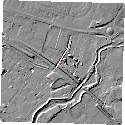 Shaded relief map of the ground around RM138LQ, computed from Environment Agency LiDAR. The ground here sits at about 3 m above sea level and falls 12 m across the surrounding 800 m. Surface water reaching this point runs off ground lying to the north-east, 8.4 m higher.