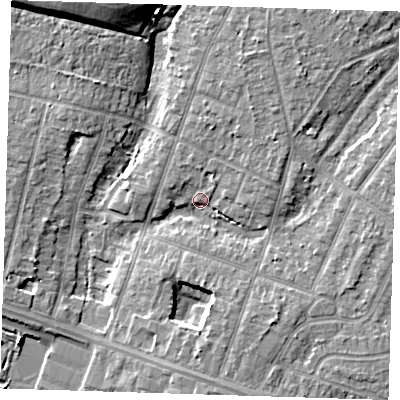Shaded relief map of the ground around RM138LR, computed from Environment Agency LiDAR. The ground here sits at about 3 m above sea level and falls 12 m across the surrounding 800 m. Surface water reaching this point runs off ground lying to the north-north-east, 5.2 m higher.