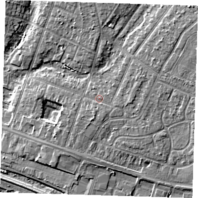 Shaded relief map of the ground around RM138LS, computed from Environment Agency LiDAR. The ground here sits at about 4 m above sea level and falls 8 m across the surrounding 800 m. Surface water reaching this point runs off ground lying to the south-south-west, 1.8 m higher.