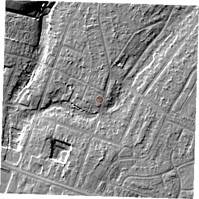 Shaded relief map of the ground around RM138LU, computed from Environment Agency LiDAR. The ground here sits at about 4 m above sea level and falls 11 m across the surrounding 800 m. Surface water reaching this point runs off ground lying to the north-north-east, 1.8 m higher.