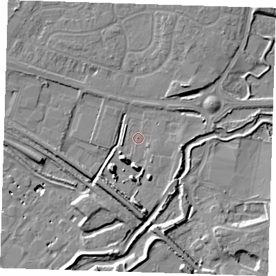 Shaded relief map of the ground around RM138LW, computed from Environment Agency LiDAR. The ground here sits at about 3 m above sea level and falls 12 m across the surrounding 800 m. Surface water reaching this point runs off ground lying to the south-west, 7.2 m higher.