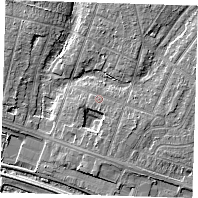 Shaded relief map of the ground around RM138LX, computed from Environment Agency LiDAR. The ground here sits at about 4 m above sea level and falls 7 m across the surrounding 800 m. Surface water reaching this point runs off ground lying to the south-south-east, 1.8 m higher.