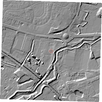 Shaded relief map of the ground around RM138LY, computed from Environment Agency LiDAR. The ground here sits at about 4 m above sea level and falls 12 m across the surrounding 800 m. Surface water reaching this point runs off ground lying to the east, 2.0 m higher.
