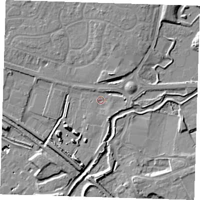Shaded relief map of the ground around RM138LZ, computed from Environment Agency LiDAR. The ground here sits at about 3 m above sea level and falls 12 m across the surrounding 800 m. Surface water reaching this point runs off ground lying to the north-north-east, 4.5 m higher.