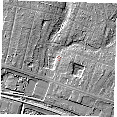 Shaded relief map of the ground around RM138NA, computed from Environment Agency LiDAR. The ground here sits at about 3 m above sea level and falls 7 m across the surrounding 800 m. Surface water reaching this point runs off ground lying to the north-east, 6.0 m higher.