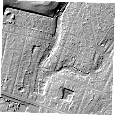 Shaded relief map of the ground around RM138NB, computed from Environment Agency LiDAR. The ground here sits at about 4 m above sea level and falls 13 m across the surrounding 800 m. Surface water reaching this point runs off ground lying to the north, 0.8 m higher.