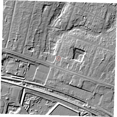 Shaded relief map of the ground around RM138NE, computed from Environment Agency LiDAR. The ground here sits at about 3 m above sea level and falls 7 m across the surrounding 800 m. Surface water reaching this point runs off ground lying to the east, 5.4 m higher.