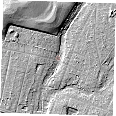 Shaded relief map of the ground around RM138NJ, computed from Environment Agency LiDAR. The ground here sits at about 3 m above sea level and falls 16 m across the surrounding 800 m. Surface water reaching this point runs off ground lying to the north, 11.2 m higher.