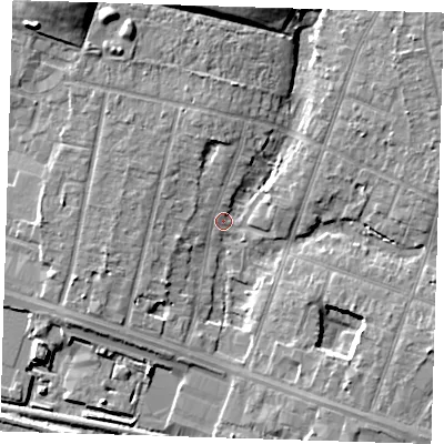 Shaded relief map of the ground around RM138NL, computed from Environment Agency LiDAR. The ground here sits at about 2 m above sea level and falls 11 m across the surrounding 800 m. Surface water reaching this point runs off ground lying to the north-north-west, 4.8 m higher.