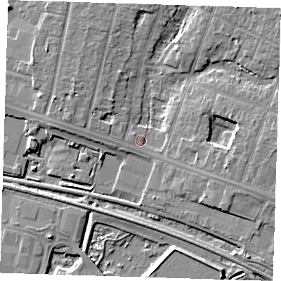 Shaded relief map of the ground around RM138NN, computed from Environment Agency LiDAR. The ground here sits at about 2 m above sea level and falls 6 m across the surrounding 800 m. Surface water reaching this point runs off ground lying to the west-north-west, 4.8 m higher.