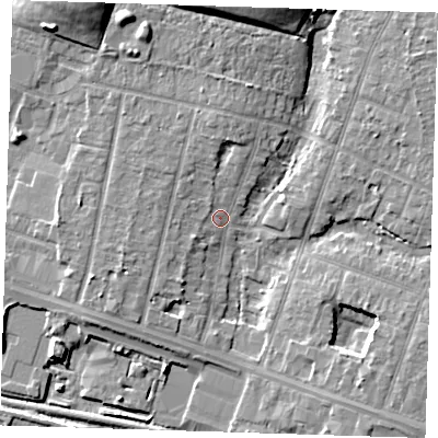 Shaded relief map of the ground around RM138NP, computed from Environment Agency LiDAR. The ground here sits at about 2 m above sea level and falls 11 m across the surrounding 800 m. Surface water reaching this point runs off ground lying to the north, 4.8 m higher.