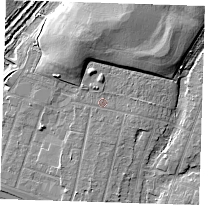 Shaded relief map of the ground around RM138NS, computed from Environment Agency LiDAR. The ground here sits at about 5 m above sea level and falls 16 m across the surrounding 800 m. Surface water reaching this point runs off ground lying to the north-north-east, 11.7 m higher.