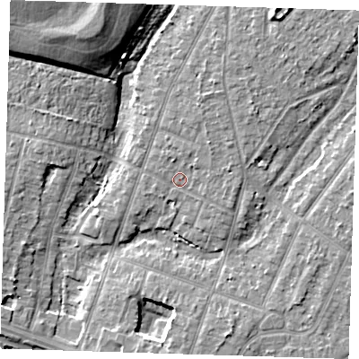 Shaded relief map of the ground around RM138NT, computed from Environment Agency LiDAR. The ground here sits at about 4 m above sea level and falls 13 m across the surrounding 800 m. Surface water reaching this point runs off ground lying to the north-north-east, 2.6 m higher.