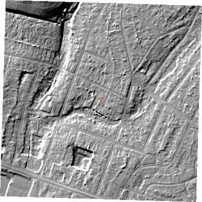 Shaded relief map of the ground around RM138NU, computed from Environment Agency LiDAR. The ground here sits at about 4 m above sea level and falls 12 m across the surrounding 800 m. Surface water reaching this point runs off ground lying to the east-north-east, 2.1 m higher.