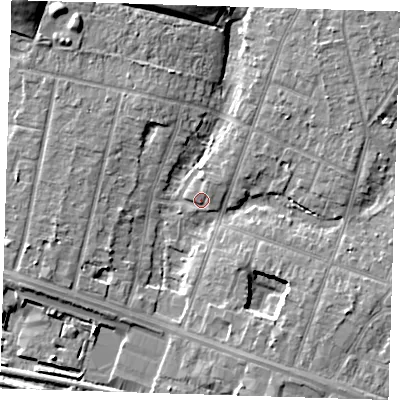 Shaded relief map of the ground around RM138NX, computed from Environment Agency LiDAR. The ground here sits at about 3 m above sea level and falls 11 m across the surrounding 800 m. Surface water reaching this point runs off ground lying to the north, 9.2 m higher.