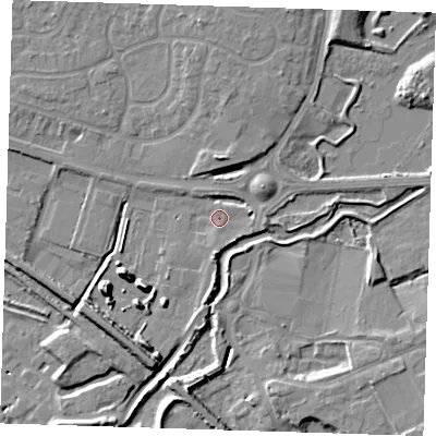 Shaded relief map of the ground around RM138NZ, computed from Environment Agency LiDAR. The ground here sits at about 4 m above sea level and falls 10 m across the surrounding 800 m. Surface water reaching this point runs off ground lying to the south, 1.1 m higher.