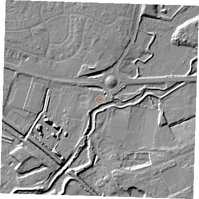 Shaded relief map of the ground around RM138PE, computed from Environment Agency LiDAR. The ground here sits at about 3 m above sea level and falls 10 m across the surrounding 800 m. Surface water reaching this point runs off ground lying to the north-east, 2.1 m higher.