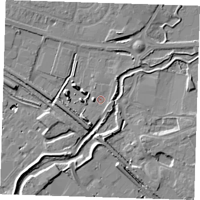 Shaded relief map of the ground around RM138PF, computed from Environment Agency LiDAR. The ground here sits at about 3 m above sea level and falls 12 m across the surrounding 800 m. Surface water reaching this point runs off ground lying to the east-north-east, 2.9 m higher.