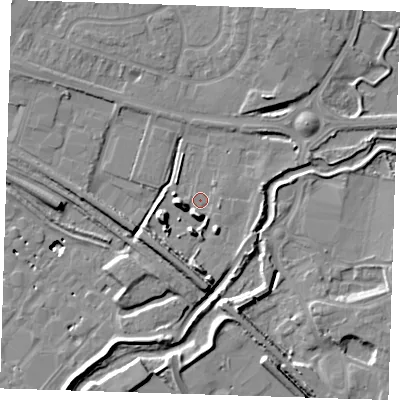 Shaded relief map of the ground around RM138PH, computed from Environment Agency LiDAR. The ground here sits at about 3 m above sea level and falls 12 m across the surrounding 800 m. Surface water reaching this point runs off ground lying to the south, 6.5 m higher.