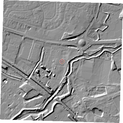 Shaded relief map of the ground around RM138PN, computed from Environment Agency LiDAR. The ground here sits at about 3 m above sea level and falls 12 m across the surrounding 800 m. Surface water reaching this point runs off ground lying to the east, 2.0 m higher.