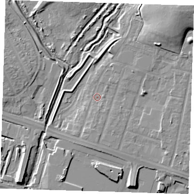 Shaded relief map of the ground around RM138PP, computed from Environment Agency LiDAR. The ground here sits at about 2 m above sea level and falls 15 m across the surrounding 800 m. Surface water reaching this point runs off ground lying to the north-east, 13.9 m higher.