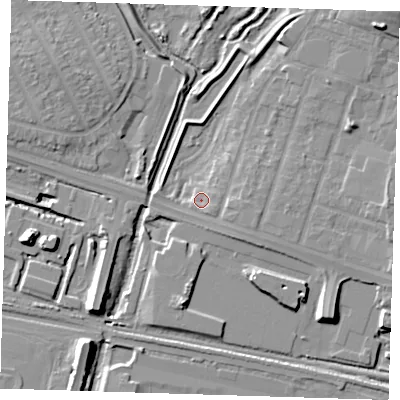 Shaded relief map of the ground around RM138PQ, computed from Environment Agency LiDAR. The ground here sits at about 2 m above sea level and falls 12 m across the surrounding 800 m. Surface water reaching this point runs off ground lying to the north-east, 8.1 m higher.