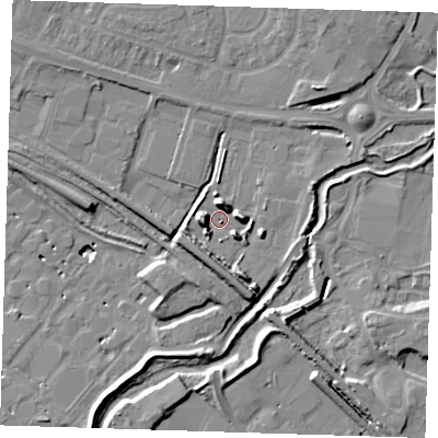 Shaded relief map of the ground around RM138PW, computed from Environment Agency LiDAR. The ground here sits at about 2 m above sea level and falls 12 m across the surrounding 800 m. Surface water reaching this point runs off ground lying to the north, 7.2 m higher.