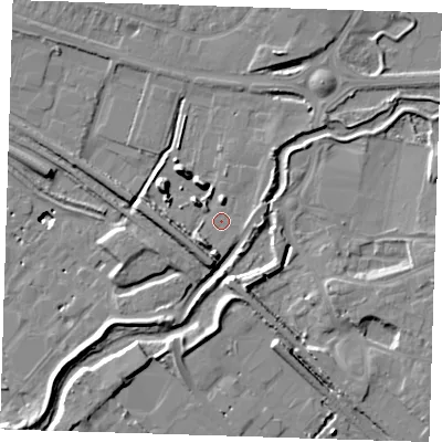 Shaded relief map of the ground around RM138PY, computed from Environment Agency LiDAR. The ground here sits at about 3 m above sea level and falls 12 m across the surrounding 800 m. Surface water reaching this point runs off ground lying to the north-east, 3.0 m higher.