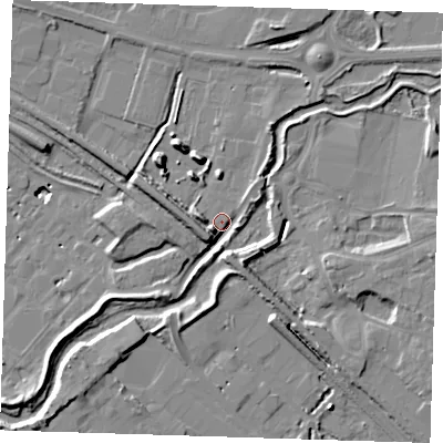 Shaded relief map of the ground around RM138PZ, computed from Environment Agency LiDAR. The ground here sits at about 3 m above sea level and falls 12 m across the surrounding 800 m. Surface water reaching this point runs off ground lying to the south-west, 5.7 m higher.