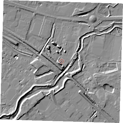 Shaded relief map of the ground around RM138QG, computed from Environment Agency LiDAR. The ground here sits at about 3 m above sea level and falls 12 m across the surrounding 800 m. Surface water reaching this point runs off ground lying to the south-south-east, 3.8 m higher.