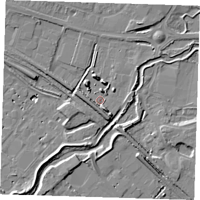 Shaded relief map of the ground around RM138QQ, computed from Environment Agency LiDAR. The ground here sits at about 3 m above sea level and falls 12 m across the surrounding 800 m. Surface water reaching this point runs off ground lying to the north-north-east, 5.0 m higher.