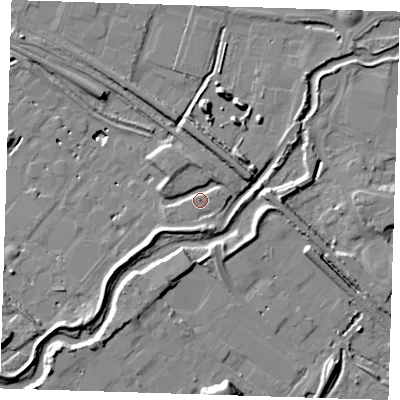 Shaded relief map of the ground around RM138QS, computed from Environment Agency LiDAR. The ground here sits at about 3 m above sea level and falls 14 m across the surrounding 800 m. Surface water reaching this point runs off ground lying to the north-north-east, 9.7 m higher.