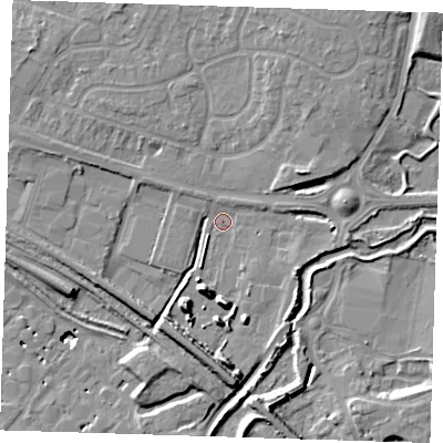 Shaded relief map of the ground around RM138QX, computed from Environment Agency LiDAR. The ground here sits at about 3 m above sea level and falls 12 m across the surrounding 800 m. Surface water reaching this point runs off ground lying to the north-north-east, 5.2 m higher.