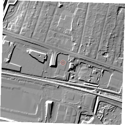Shaded relief map of the ground around RM138QZ, computed from Environment Agency LiDAR. The ground here sits at about 2 m above sea level and falls 10 m across the surrounding 800 m. Surface water reaching this point runs off ground lying to the west-south-west, 5.9 m higher.