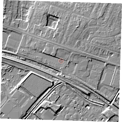 Shaded relief map of the ground around RM138RE, computed from Environment Agency LiDAR. The ground here sits at about 3 m above sea level and falls 11 m across the surrounding 800 m. Surface water reaching this point runs off ground lying to the north-west, 1.2 m higher.
