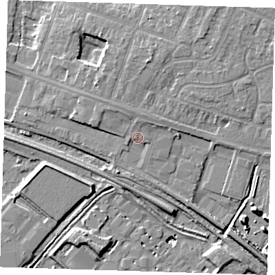 Shaded relief map of the ground around RM138RH, computed from Environment Agency LiDAR. The ground here sits at about 4 m above sea level and falls 12 m across the surrounding 800 m. Surface water reaching this point runs off ground lying to the north, 1.1 m higher.