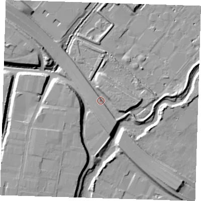 Shaded relief map of the ground around RM138RJ, computed from Environment Agency LiDAR. The ground here sits at about 6 m above sea level and falls 12 m across the surrounding 800 m. Surface water reaching this point runs off ground lying to the east, 4.5 m higher.