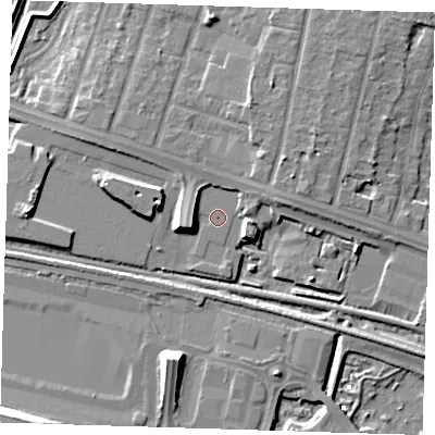 Shaded relief map of the ground around RM138RQ, computed from Environment Agency LiDAR. The ground here sits at about 2 m above sea level and falls 10 m across the surrounding 800 m. Surface water reaching this point runs off ground lying to the west-south-west, 5.9 m higher.