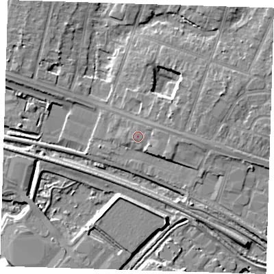Shaded relief map of the ground around RM138RS, computed from Environment Agency LiDAR. The ground here sits at about 4 m above sea level and falls 11 m across the surrounding 800 m. Surface water reaching this point runs off ground lying to the north-east, 0.8 m higher.