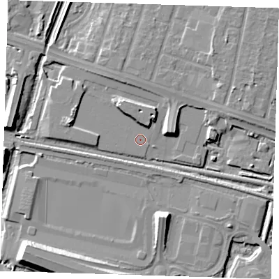 Shaded relief map of the ground around RM138RU, computed from Environment Agency LiDAR. The ground here sits at about 2 m above sea level and falls 11 m across the surrounding 800 m. Surface water reaching this point runs off ground lying to the west-north-west, 4.4 m higher.