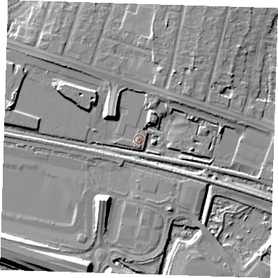 Shaded relief map of the ground around RM138RW, computed from Environment Agency LiDAR. The ground here sits at about 2 m above sea level and falls 10 m across the surrounding 800 m. Surface water reaching this point runs off ground lying to the north-north-east, 4.0 m higher.
