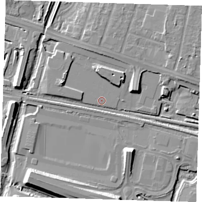 Shaded relief map of the ground around RM138RX, computed from Environment Agency LiDAR. The ground here sits at about 2 m above sea level and falls 11 m across the surrounding 800 m. Surface water reaching this point runs off ground lying to the west-north-west, 5.4 m higher.