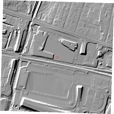 Shaded relief map of the ground around RM138RY, computed from Environment Agency LiDAR. The ground here sits at about 2 m above sea level and falls 13 m across the surrounding 800 m. Surface water reaching this point runs off ground lying to the west-north-west, 4.6 m higher.