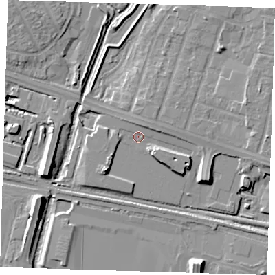 Shaded relief map of the ground around RM138RZ, computed from Environment Agency LiDAR. The ground here sits at about 2 m above sea level and falls 12 m across the surrounding 800 m. Surface water reaching this point runs off ground lying to the east-south-east, 3.6 m higher.