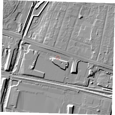 Shaded relief map of the ground around RM138SA, computed from Environment Agency LiDAR. The ground here sits at about 2 m above sea level and falls 10 m across the surrounding 800 m. Surface water reaching this point runs off ground lying to the west-south-west, 3.4 m higher.