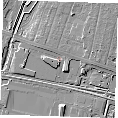 Shaded relief map of the ground around RM138SF, computed from Environment Agency LiDAR. The ground here sits at about 2 m above sea level and falls 9 m across the surrounding 800 m. Surface water reaching this point runs off ground lying to the west, 1.7 m higher.