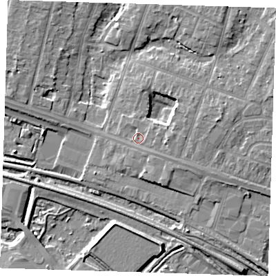 Shaded relief map of the ground around RM138SH, computed from Environment Agency LiDAR. The ground here sits at about 4 m above sea level and falls 7 m across the surrounding 800 m. Surface water reaching this point runs off ground lying to the east, 2.3 m higher.