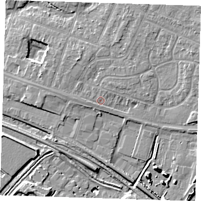 Shaded relief map of the ground around RM138SL, computed from Environment Agency LiDAR. The ground here sits at about 4 m above sea level and falls 12 m across the surrounding 800 m. Surface water reaching this point runs off ground lying to the north-west, 1.6 m higher.