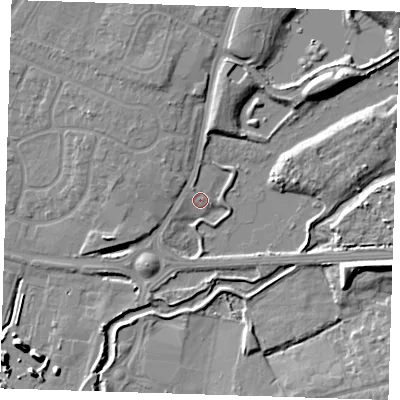 Shaded relief map of the ground around RM138SS, computed from Environment Agency LiDAR. The ground here sits at about 4 m above sea level and falls 10 m across the surrounding 800 m. Surface water reaching this point runs off ground lying to the north-west, 2.8 m higher.
